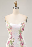 Sparkly White Strapless Short Tight Floral Cocktail Dress with Sequins