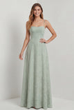 Sage Green Floral Lace Corset A Line Maxi Bridesmaid Dress