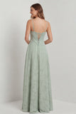 Sage Green Floral Lace Corset A Line Maxi Bridesmaid Dress