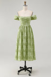 Sage Green Floral Midi Off the Shoulder Bridesmaid Dress