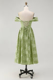 Sage Green Floral Midi Off the Shoulder Bridesmaid Dress