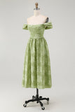 Sage Green Floral Midi Off the Shoulder Bridesmaid Dress