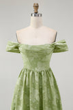 Sage Green Floral Midi Off the Shoulder Bridesmaid Dress