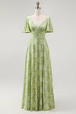 Sage Green Floral A Line V-Neck Maxi Wedding Guest Dress