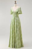 Sage Green Floral A Line V-Neck Maxi Wedding Guest Dress