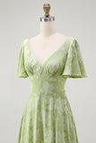 Sage Green Floral A Line V-Neck Maxi Wedding Guest Dress