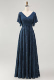 Navy Floral V-Neck Maxi Bridesmaid Dress with Sleeves