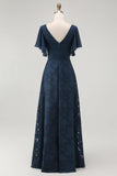 Navy Floral V-Neck Maxi Bridesmaid Dress with Sleeves