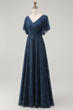 Navy Floral V-Neck Maxi Bridesmaid Dress with Sleeves