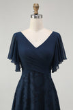 Navy Floral V-Neck Maxi Bridesmaid Dress with Sleeves