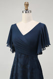Navy Floral V-Neck Maxi Bridesmaid Dress with Sleeves