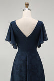 Navy Floral V-Neck Maxi Bridesmaid Dress with Sleeves