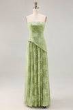 Maxi Sage Green Floral Strapless A Line Wedding Guest Dress with Slit