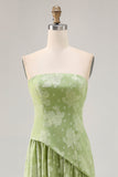 Maxi Sage Green Floral Strapless A Line Wedding Guest Dress with Slit