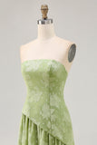 Maxi Sage Green Floral Strapless A Line Wedding Guest Dress with Slit