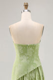Maxi Sage Green Floral Strapless A Line Wedding Guest Dress with Slit