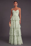 Sage Green Corset A Line Tiered Long Bridesmaid Dress with Slit