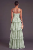 Sage Green Corset A Line Tiered Long Bridesmaid Dress with Slit