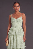 Sage Green Corset A Line Tiered Long Bridesmaid Dress with Slit
