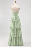Sage Green Corset A Line Tiered Long Bridesmaid Dress with Slit