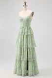 Sage Green Corset A Line Tiered Long Bridesmaid Dress with Slit
