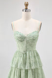 Sage Green Corset A Line Tiered Long Bridesmaid Dress with Slit