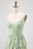 Sage Green Corset A Line Tiered Long Bridesmaid Dress with Slit