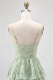 Sage Green Corset A Line Tiered Long Bridesmaid Dress with Slit