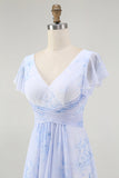 Blue Chiffon A Line Floral V-Neck Long Wedding Guest Dress with Sleeves
