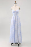 Blue Spaghetti Straps Chiffon A-Line Long Floral Wedding Guest Dress