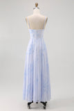 Blue Spaghetti Straps Chiffon A-Line Long Floral Wedding Guest Dress