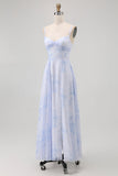 Blue Spaghetti Straps Chiffon A-Line Long Floral Wedding Guest Dress