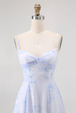 Blue Spaghetti Straps Chiffon A-Line Long Floral Wedding Guest Dress