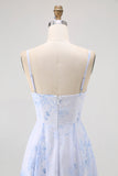 Blue Spaghetti Straps Chiffon A-Line Long Floral Wedding Guest Dress