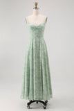 Blue Spaghetti Straps Chiffon A-Line Long Floral Wedding Guest Dress