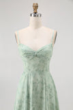Dusty Sage Spaghetti Straps Chiffon A-Line Long Floral Wedding Guest Dress