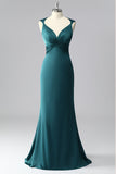 Peacock Blue V-Neck Satin Mermaid Ruched Long Prom Dress