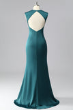 Peacock Blue V-Neck Satin Mermaid Ruched Long Prom Dress