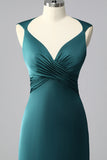 Peacock Blue V-Neck Satin Mermaid Ruched Long Prom Dress