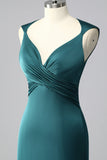 Peacock Blue V-Neck Satin Mermaid Ruched Long Prom Dress