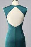 Peacock Blue V-Neck Satin Mermaid Ruched Long Prom Dress