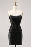 Black Corset Satin Strapless Ruched Mini Tight Prom Dress