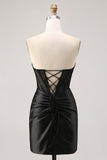 Pink Corset Satin Ruched Strapless Mini Prom Dress