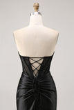 Black Corset Satin Strapless Ruched Mini Tight Prom Dress