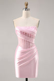 Pink Corset Satin Ruched Strapless Mini Prom Dress