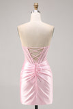 Pink Corset Satin Ruched Strapless Mini Prom Dress