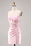 Pink Corset Satin Ruched Strapless Mini Prom Dress