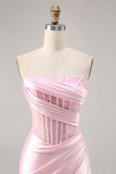 Pink Corset Satin Ruched Strapless Mini Prom Dress