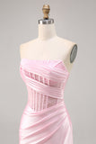 Pink Corset Satin Ruched Strapless Mini Prom Dress