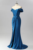 Sparkly Dark Blue Satin Off the Shoulder Mermaid Long Corset Prom Dress with Beading